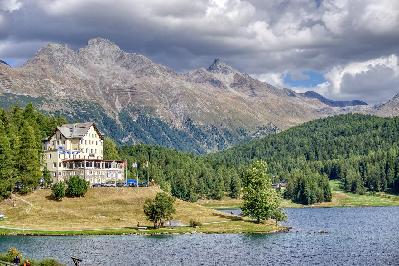 lake, nature, hotel, switzerland, mountain, mountains, alps, swiss, graubünden, water, lakeside, trees, forest, valley, vacation, travel, summer, landscape, st moritz